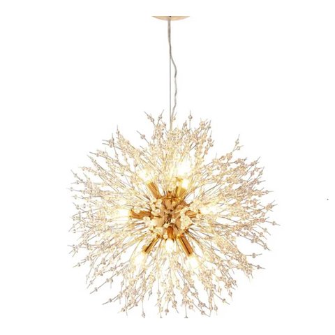 Lustre Pendente Dente de Leão Redondo Dourado Cristais 12G9 60cm