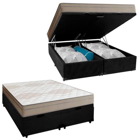 Cama Box Baú Casal Bipartido Suede + Colchão de Molas Ensacadas Portobel Ipanema 138x188x66cm