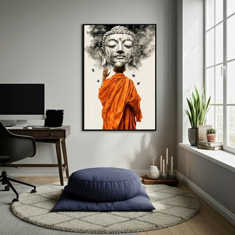 Quadro Decorativo Rezando para Buda 70x50cm Mold Preta