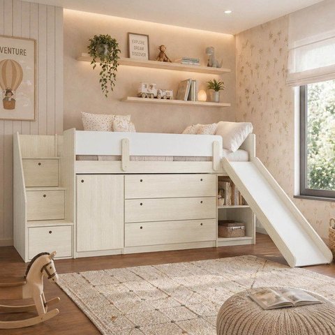 Cama Elevada com Armário, Nicho, Cômoda e Escorregador Artsy Casatema MadeiraOriginals Natural