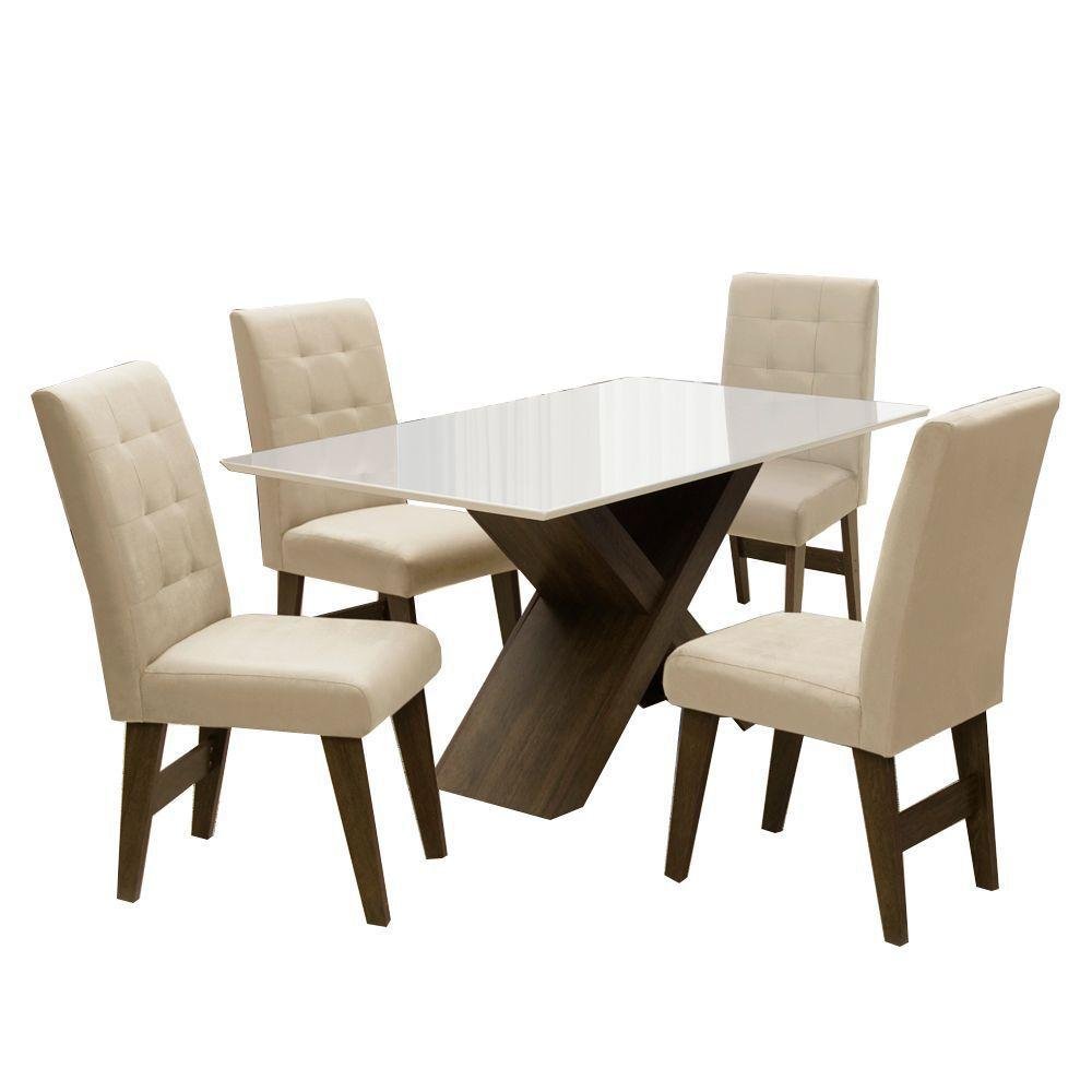 Conjunto Sala de Jantar Mesa Branco Off Dubai 1,35m MDF com 4 Cadeiras Castanho / Areia - Dobuê Cor: - 1