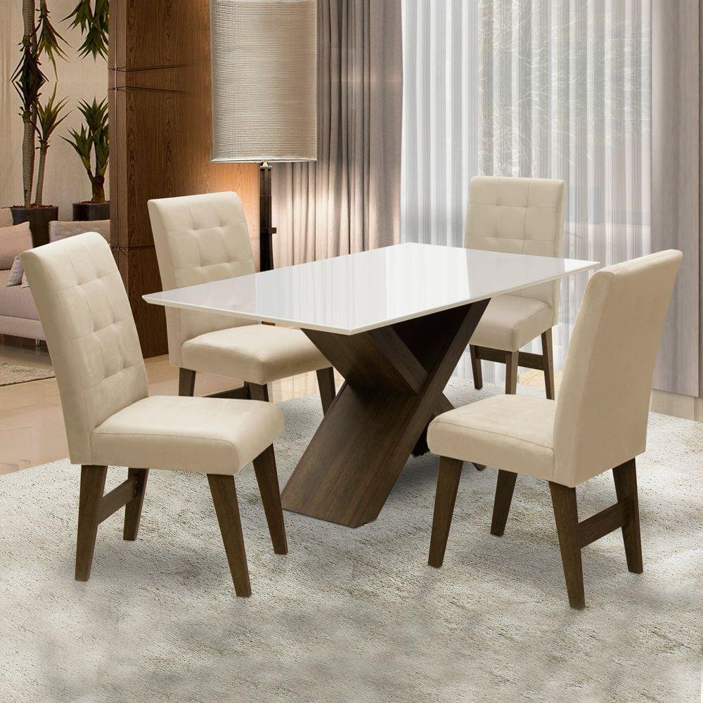 Conjunto Sala de Jantar Mesa Branco Off Dubai 1,35m MDF com 4 Cadeiras Castanho / Areia - Dobuê Cor: - 2