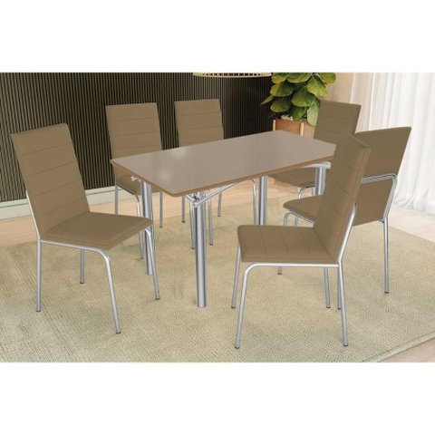 Sala de Jantar Completa Elba Tampo Madeirado C/ Vidro 160cm e 6 Cadeiras Amsterdã Cromada/freijo