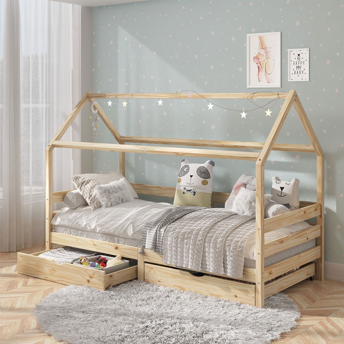 Cama Montessoriana Madeira Maciça Casa com Estrado Clia Natural - 10