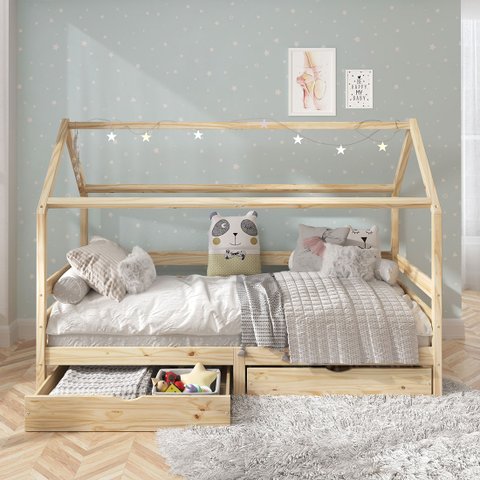 Cama Montessoriana Madeira Maciça Casa com Estrado Clia Natural Idimex