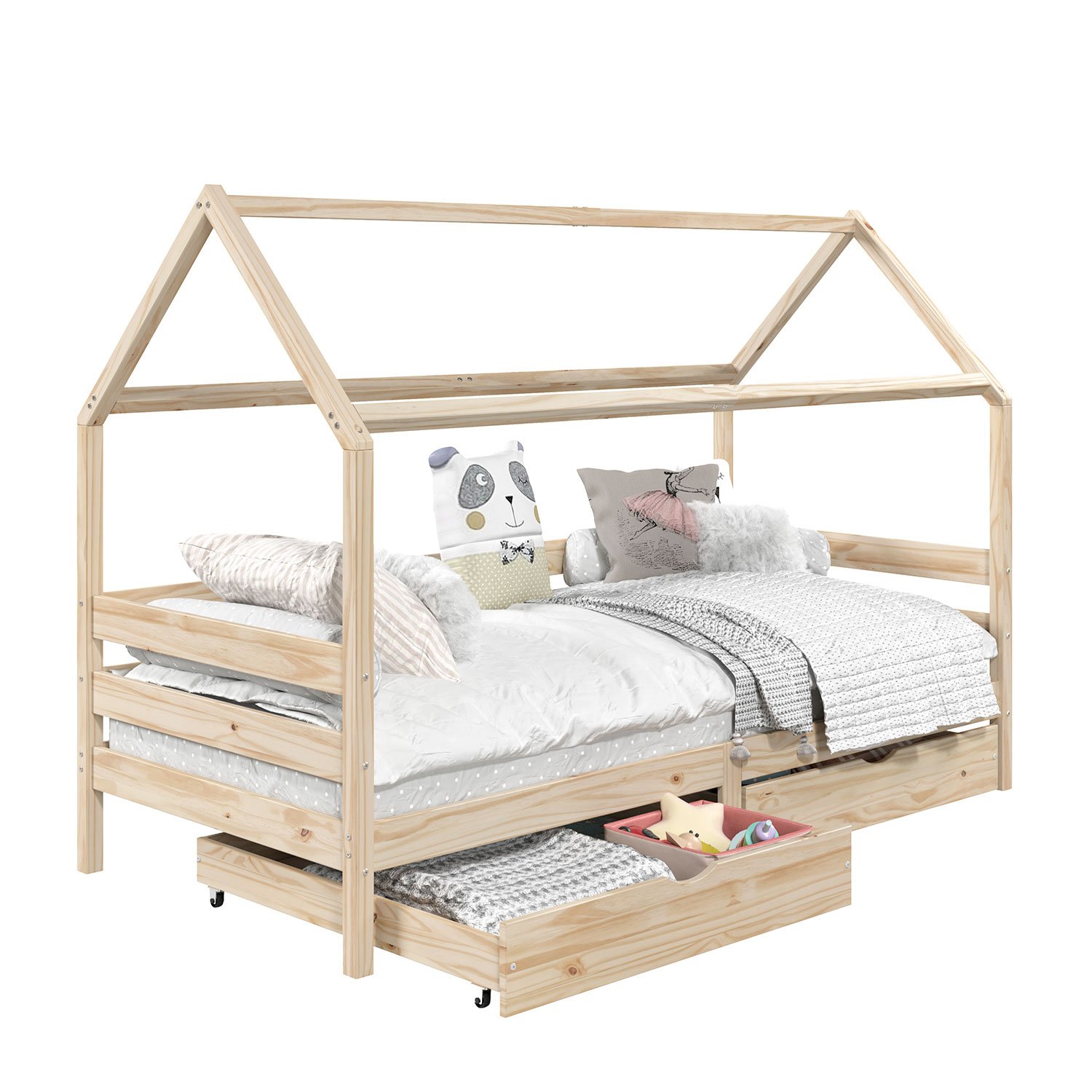 Cama Montessoriana Madeira Maciça Casa com Estrado Clia Natural - 13