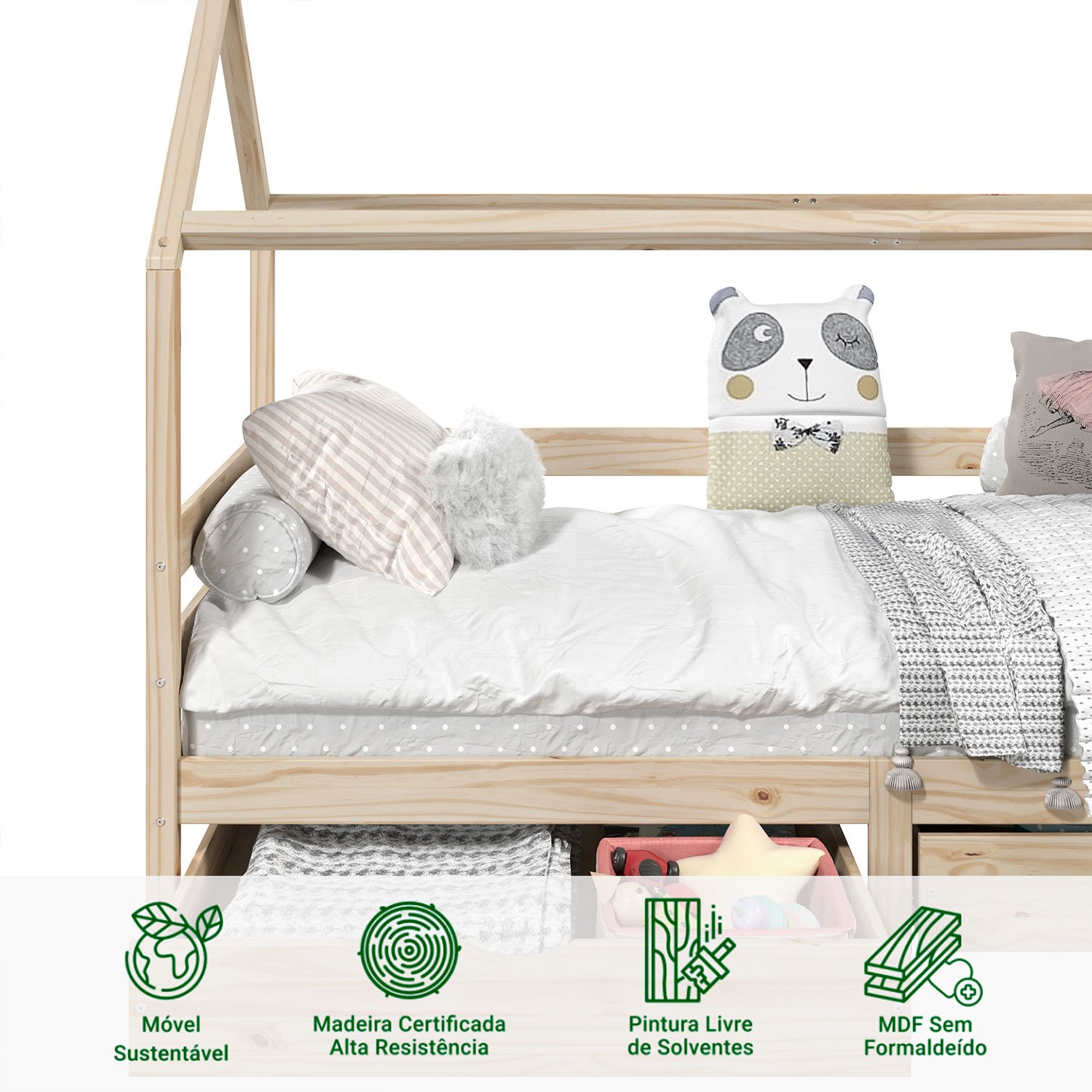 Cama Montessoriana Madeira Maciça Casa com Estrado Clia Natural - 11