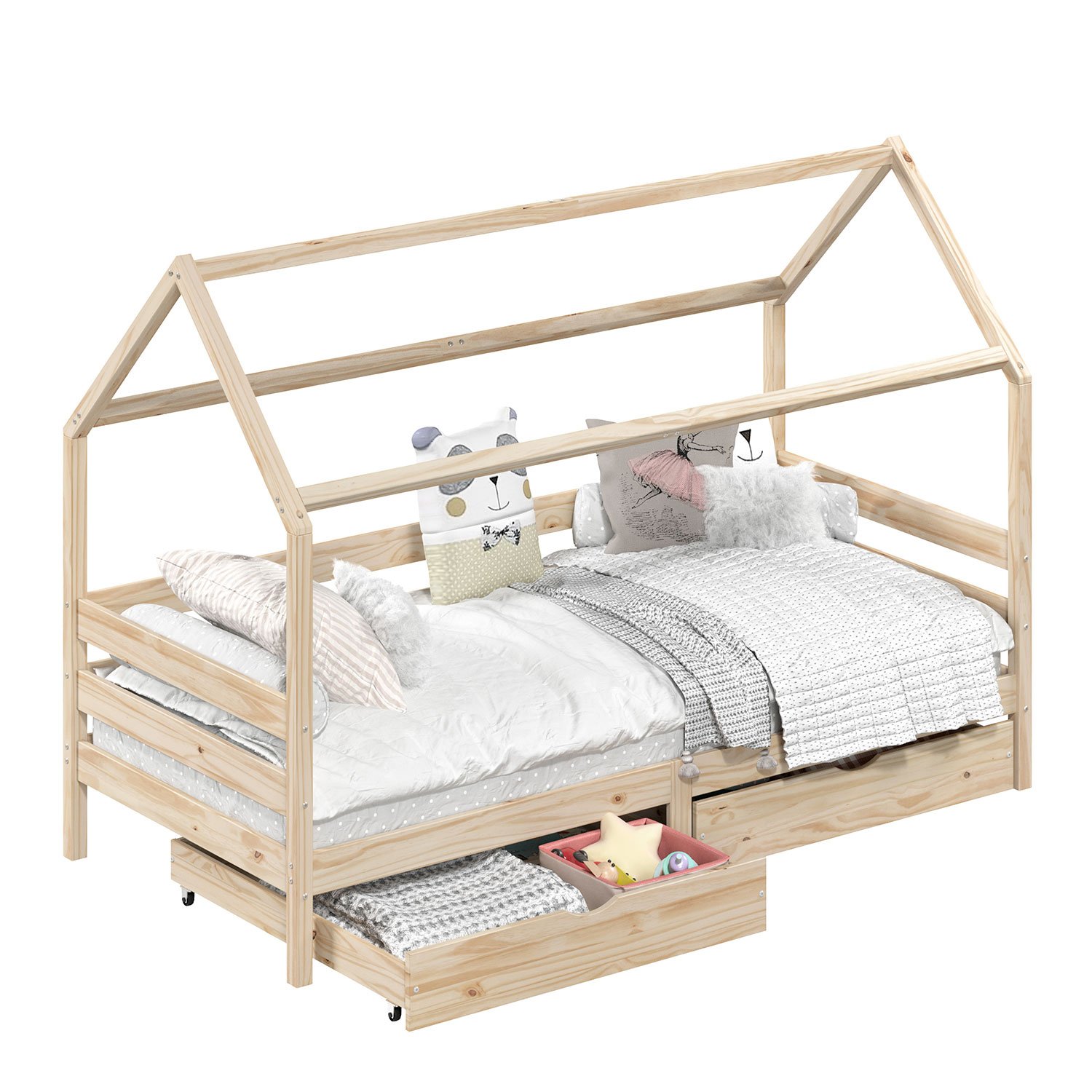 Cama Montessoriana Madeira Maciça Casa com Estrado Clia Natural - 3