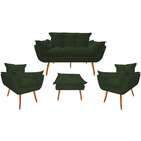 Kit Namoradeira + 2 Poltronas + 1 Puff Decorativo Opala Suede Verde Pés Madeira Mz Decor