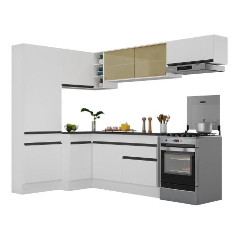 Armário de Cozinha Completa de Canto com Rodapé Veneza Multimóveis V2087 Branco/Preto