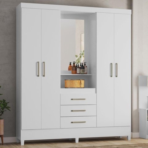 Guarda Roupa Casal 4 Portas com Espelho e 3 Gavetas Colombo Branco-rosa-branco