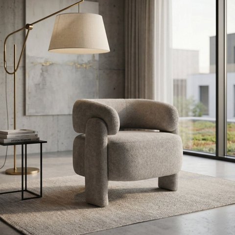 Poltrona Curva Orgânica Moderna Linho Bege Linha Premium com Sapatas Plasticas Sala Quarto Recepção 