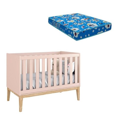 Berço Americano New Classic Rosa com Pés Madeira Natural e Colchão Ortobom – Reller