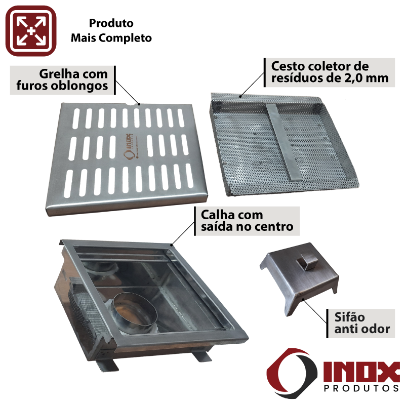 Ralo Classic com Sifão Inox e Saída em Baixo no Centro - Inox 304 - 30x30x11 Cm - 4