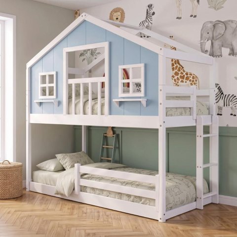 Beliche Infantil Montessoriano com Varanda e Grade Proteção Casinha Dos Sonhos Madeira Maciça