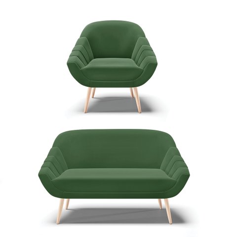 Kit 01 Namoradeira 02 Lugares e 01 Poltrona Giovana Suede Pés Palito Natural - D’Rossi - Verde
