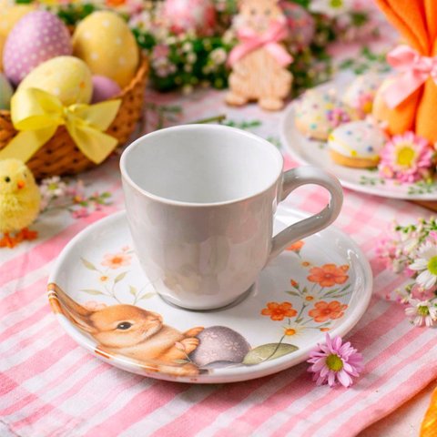 Jogo Xícara Café Bio Doce Ninho Coelho Páscoa 120ml Kit 4pç