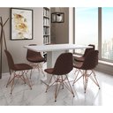 Ver imagem 1 de Mesa Jantar Londres Retangular Branca 137x90 6 Cadeiras Estofadas Caramelo Base Cobre
