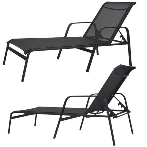 Kit 2 Cadeira Espreguiçadeira de Piscina Alumínio e Tela Sling Preto + Mesinha Preto