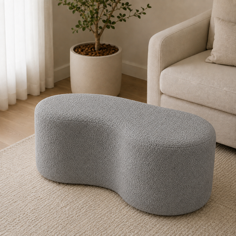 Puff Orgânico Feijão Luxo Sala Estar Moderno Tecido Bouclê Cinza