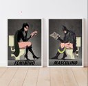 Ver imagem 1 de Kit 2 Quadros Identificarores de Banheiro Masculino feminino 24x18cm - com Vidro:madeira Branca