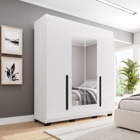 Roupeiro Solteiro Madri 4 Portas com Espelho 161x214cm Branco 250828