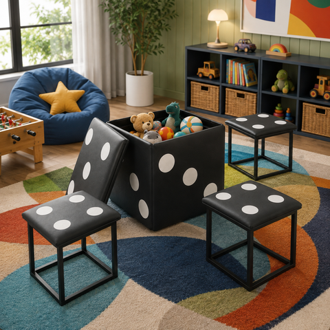 Puff 5 x1 Design Moderno Ddo em Aço Corino Preto Versátil