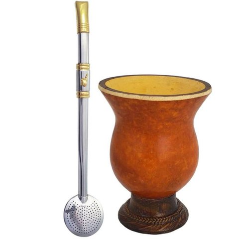 Kit Bomba Chimarrão Inox e Ouro 18k e Cuia de Chimarrão Porongo Tererê