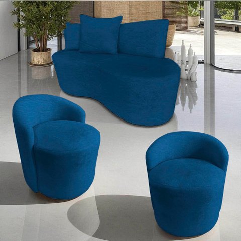 Kit Namoradeira + 2 Poltronas Yara Orgânica Couro Azul Marinho