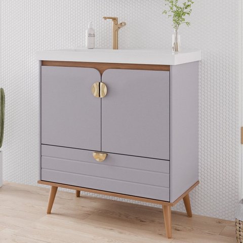 Gabinete para Banheiro 80cm com 2 Portas 1 Gaveta e Cuba de Embutir Trancoso Cinza/Platina