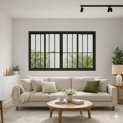 Vitrô 4 Folhas de Correr Aluminio Preto com Grade 1,00x1,80 Linha 18 Modular