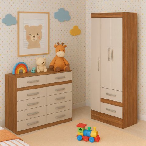 Quarto Infantil com Cômoda 10 Gavetas e Guarda-Roupa 3 Portas e 2 Gavetas Ninho Marrom/Castanho/Off White
