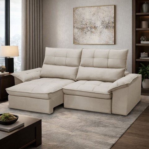Sofá 3 Lugares Retrátil Reclinável para Sala 230cm Giotto F04 Veludo Bege - Lyam Decor