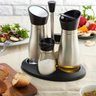 Galheteiro Vidro E Inox Azeite Vinagre Oleo Sal Lindo Kit - 5