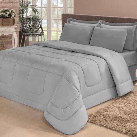 Kit Edredom Confort Casa Dona Dupla Face Casal Queen 6 Pçs Com Lençol Cinza