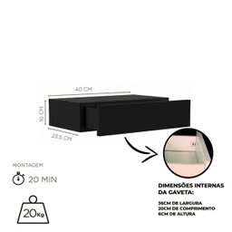 Mesa de Cabeceira Suspensa Multivisão Fly Gaveteiro Suspenso Aereo com 1 Gaveta Suporta 20kg:preto - 2