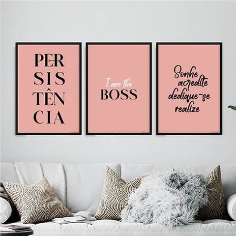 Kit 3 Quadros Femininos Persistência 24x18cm - com vidro:Madeira branca
