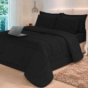 Jogo de Cama 6 Peças Aconchego Dupla Face Casal Queen Preto Casa Dona