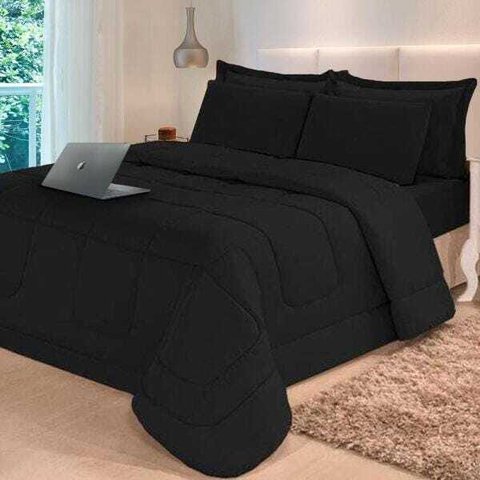Jogo de Cama 6 Peças Aconchego Dupla Face Casal Queen Preto Casa Dona