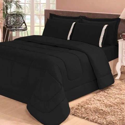 Kit Edredom Aconchego Casa Dona Dupla Face Casal Queen 6 Pçs com Lençol Preto