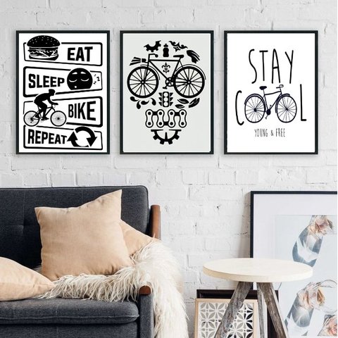 Kit 3 Quadros Decorativos Cantinho da Bicicleta 24x18cm:madeira Branca