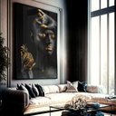 Ver imagem 1 de Quadro Decorativo Mulher Preto e Dourado em Moldura Caixa Tacolado Moldura Trad 1cm Madeira Escura C