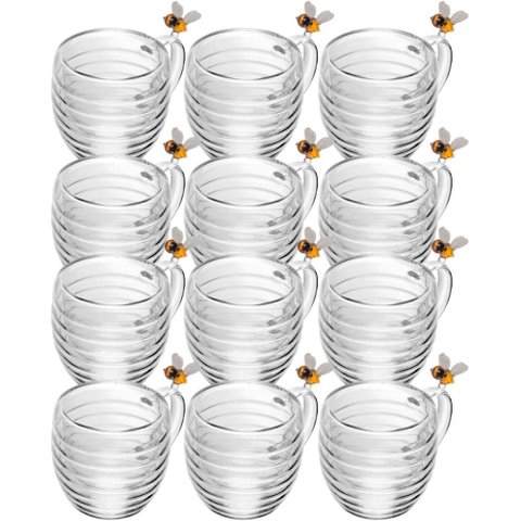 Conjunto 12 Xícaras Vidro 180ml Lovely Bee Mesa Posta Chá Café Espresso Canecas Decoradas Abelhas