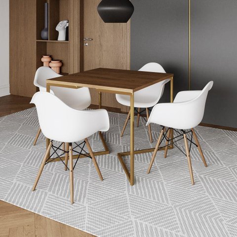 Mesa Jantar Industrial Quadrada 90cm Amêndoa Base V Dourada com 4 Poltronas Daw Madeira Marrom