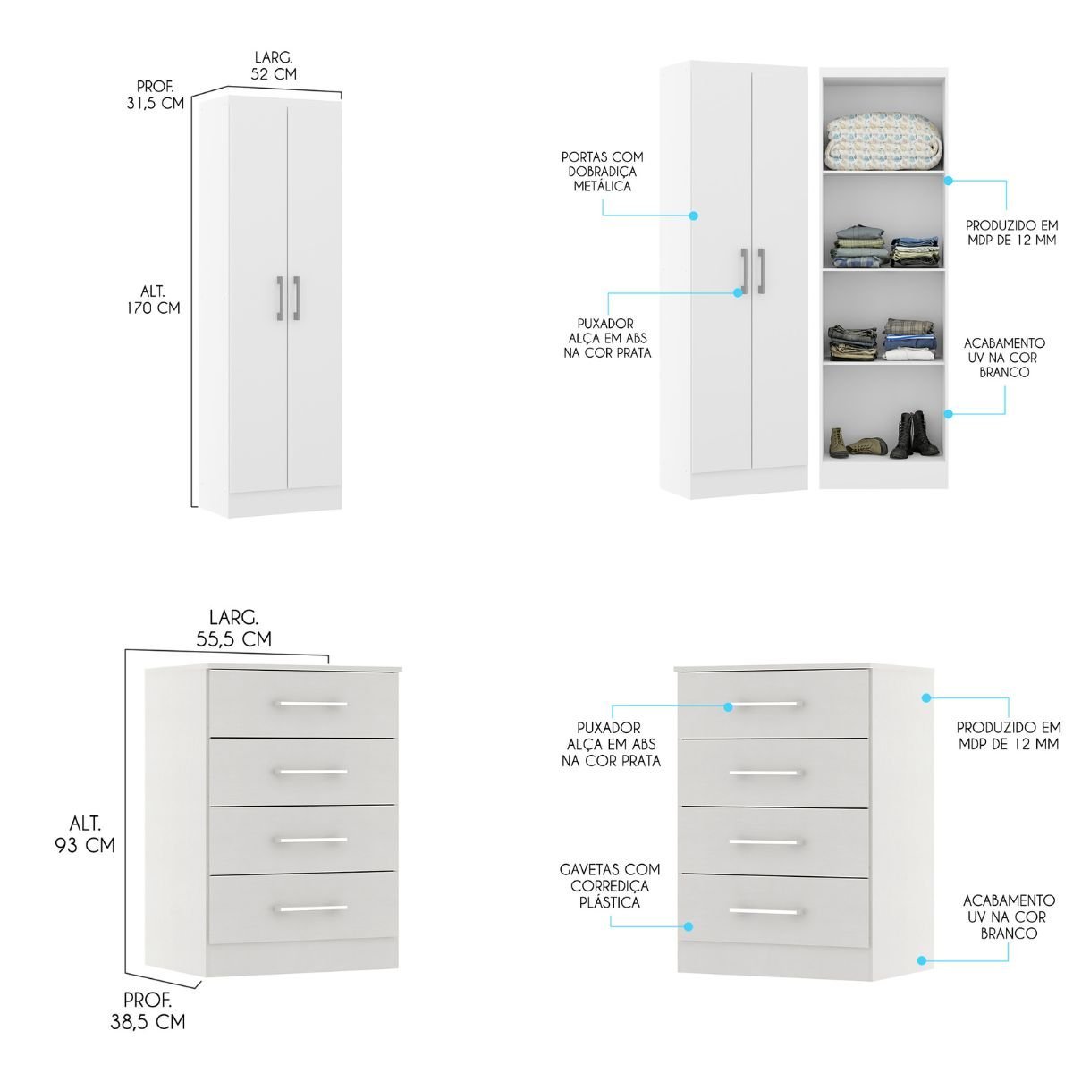 Quarto Compacto Cômoda e Armário Mdp Branco 3000 Menu - 3