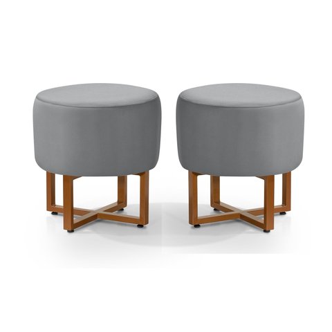 2 Banquetas Redonda Tecido Veludo Cinza com Pes de Ferro Estilo Industrial Cobre