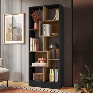 Estante Livreiro Multiuso com 8 Nichos Preto Fosco/carvalho - Qmovi