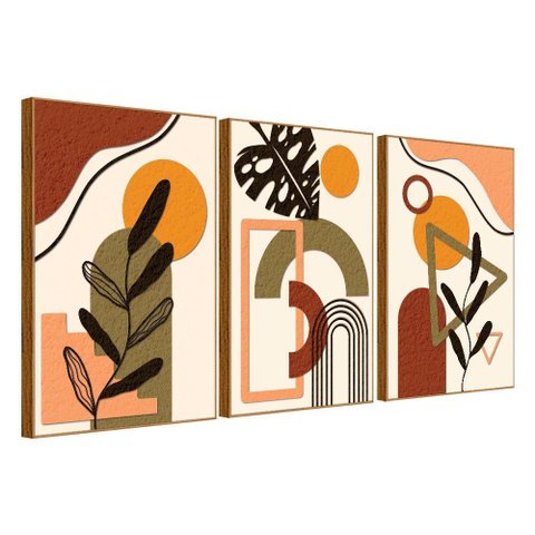 Quadro Decorativo Minimalista Folhas Formas e Cores Moldura Filete Cor:Moldura Freijó;Título:40x60