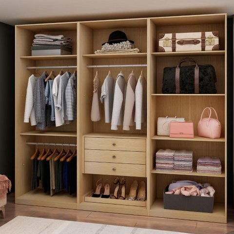 Guarda Roupa Closet 240 Cm 3 Gavetas e Cabideiros 100% Mdf Cor:savana