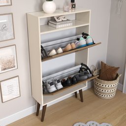 Sapateira com 2 Portas Basculantes Drex para Hall de Entrada ou Quarto - Off White com Ripado - 2